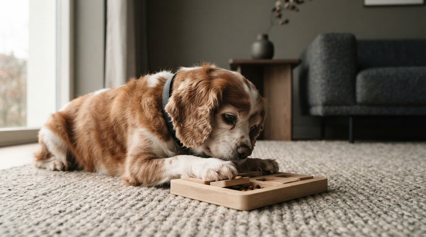 Senior Cavalier spaniel sniffing a treat puzzle on a neutral rug.
