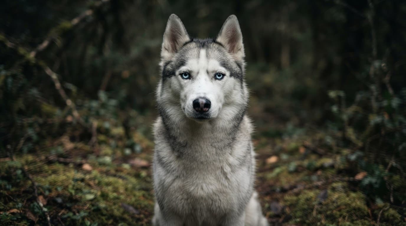 Siberian Husky with striking blue eyes sitting outdoors in soft daylight.