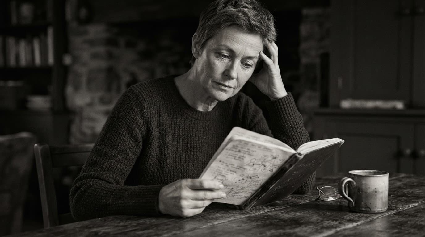 A dog owner studies pet care notes at a wooden table.