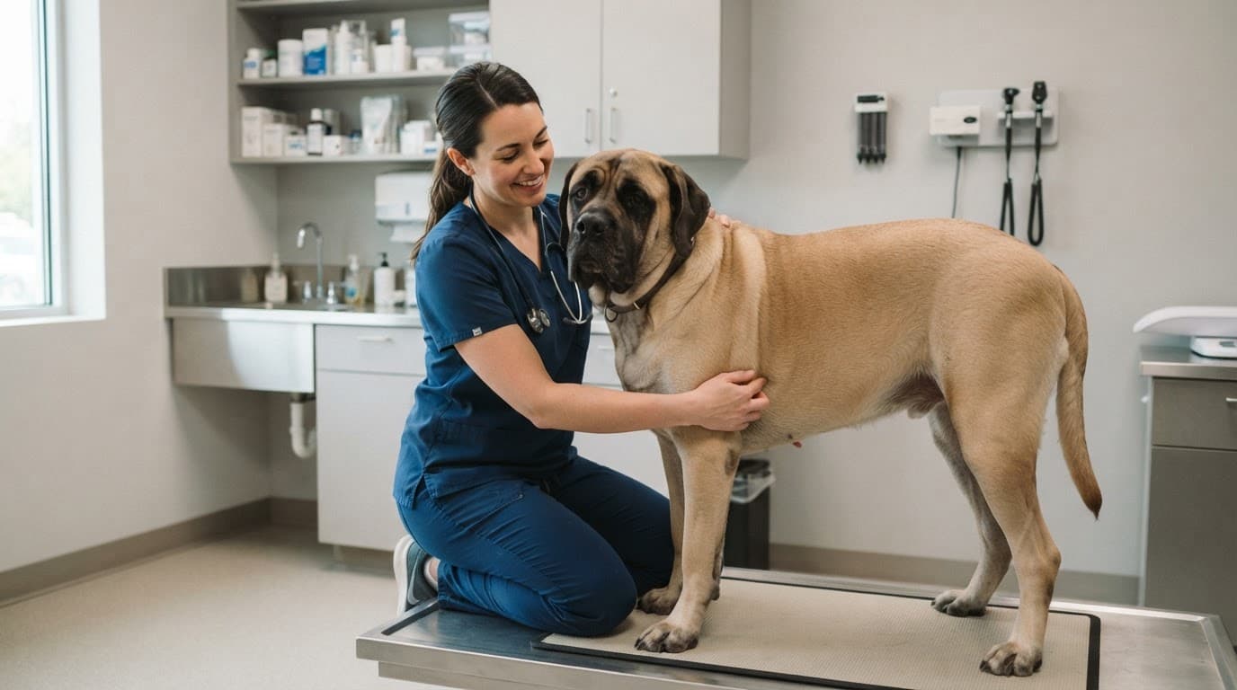 A veterinarian gently examining a large mastiff in a bright clinic.