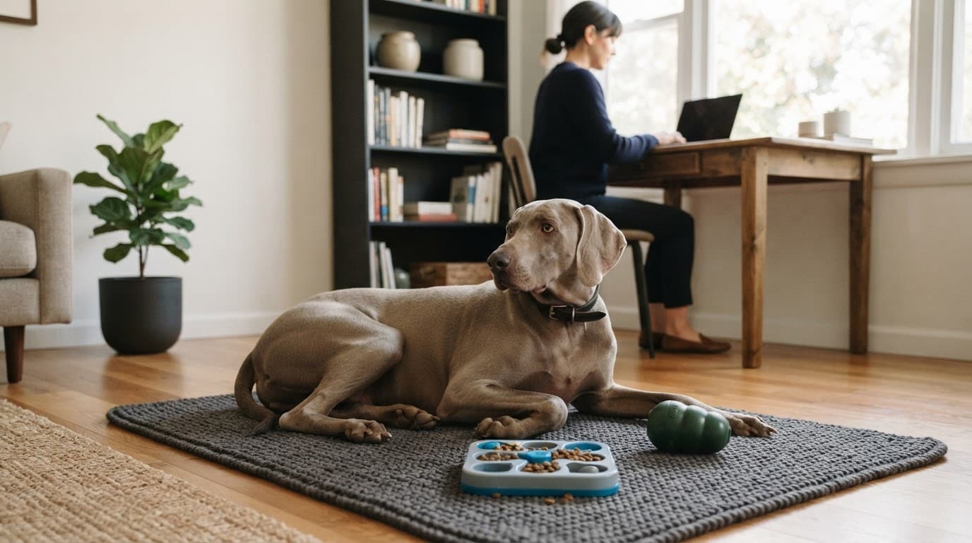 A Weimaraner rests on a mat near two enrichment toys while its owner works nearby.