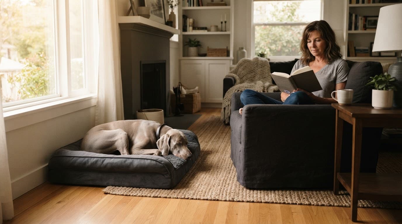 A Weimaraner rests on a dog bed while its owner reads nearby.