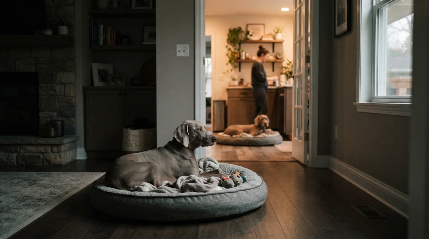 A Weimaraner rests on a dog bed while its owner stands beyond an open doorway.