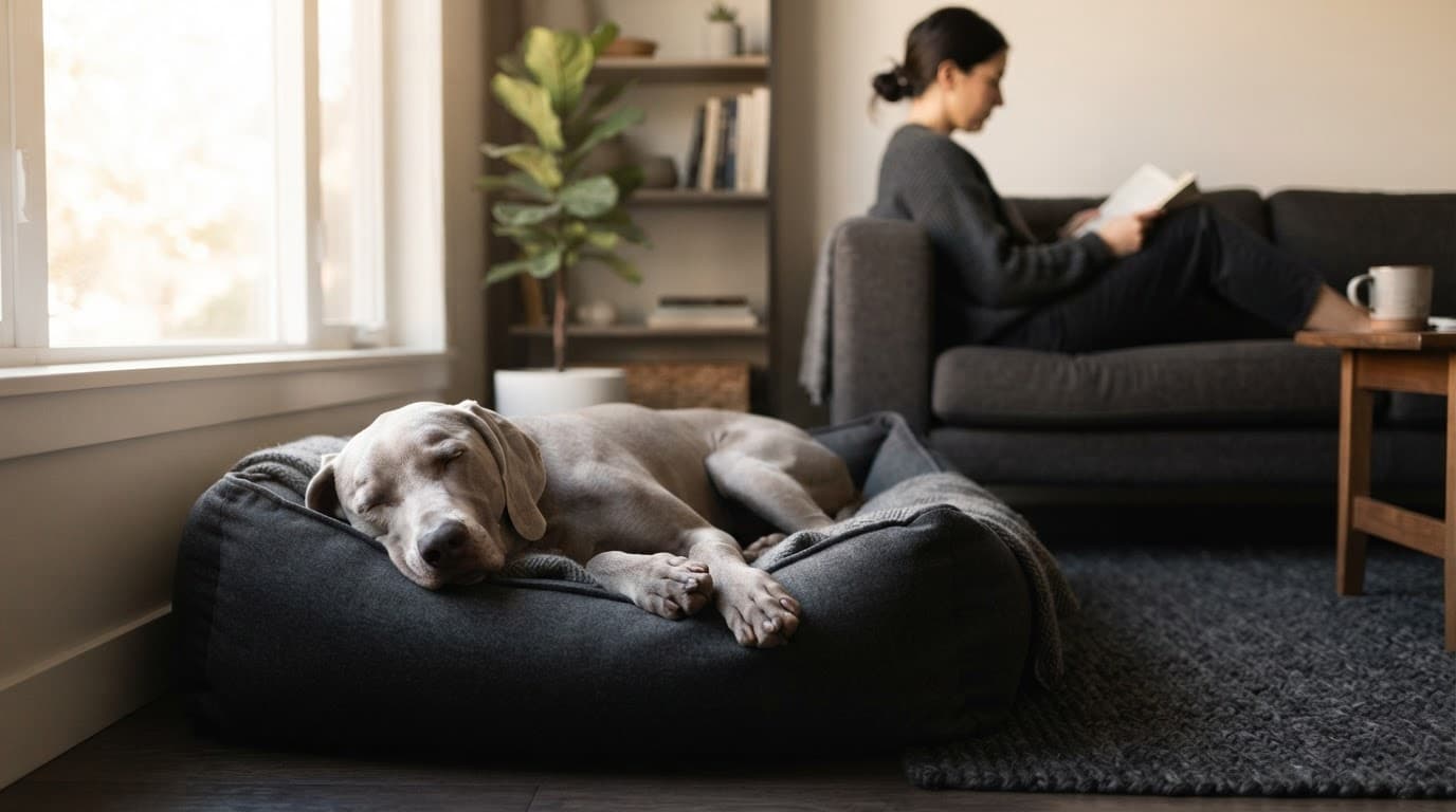 A Weimaraner rests on a dog bed while its owner sits nearby in a sunny living room.
