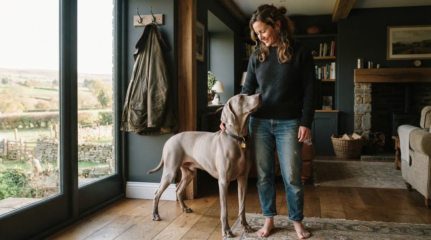 A Weimaraner stands beside its owner in warm window light, with a countryside view behind them.
