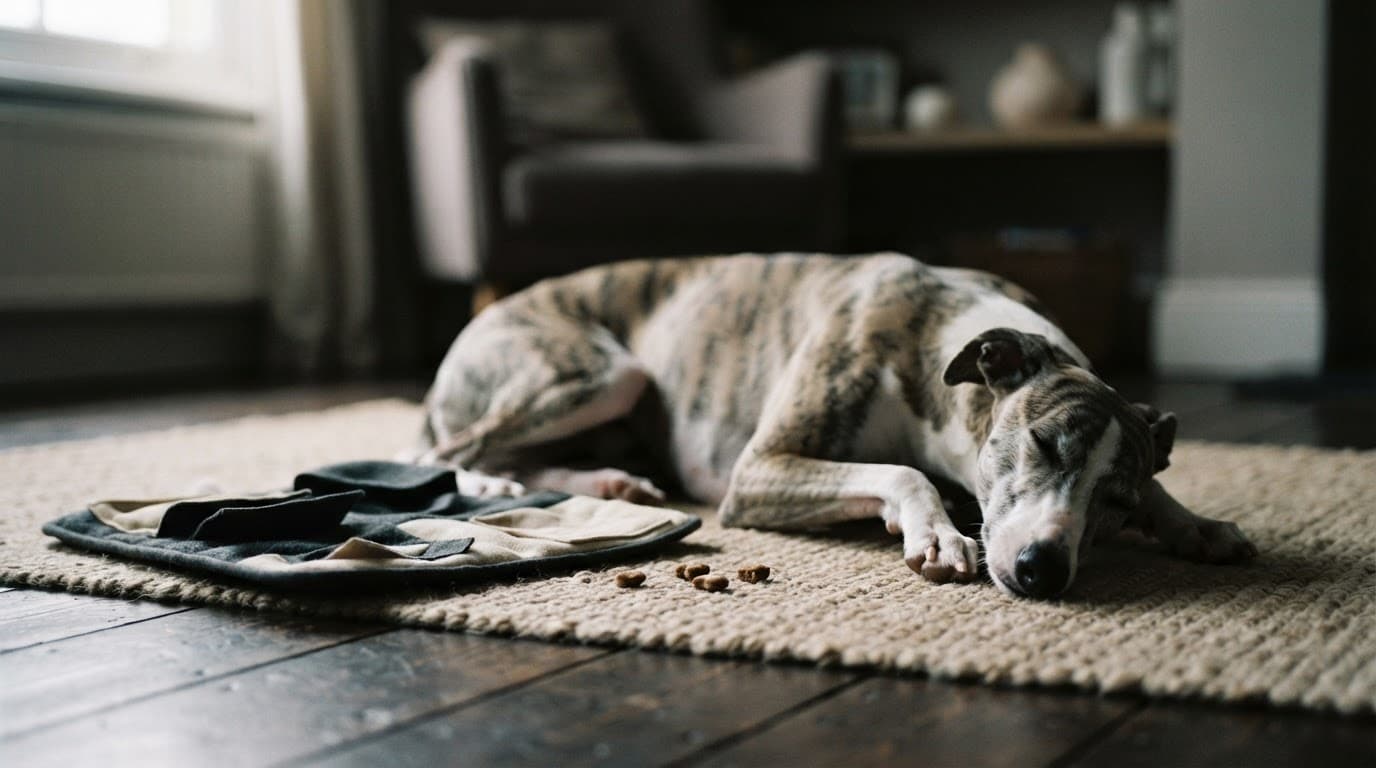 A calm Whippet rests beside a puzzle feeder and scent-game treats in soft window light.