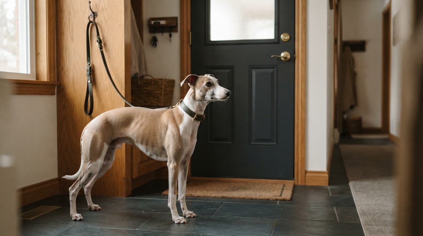A slim Whippet stands beside a front door and leash in a softly lit entryway.