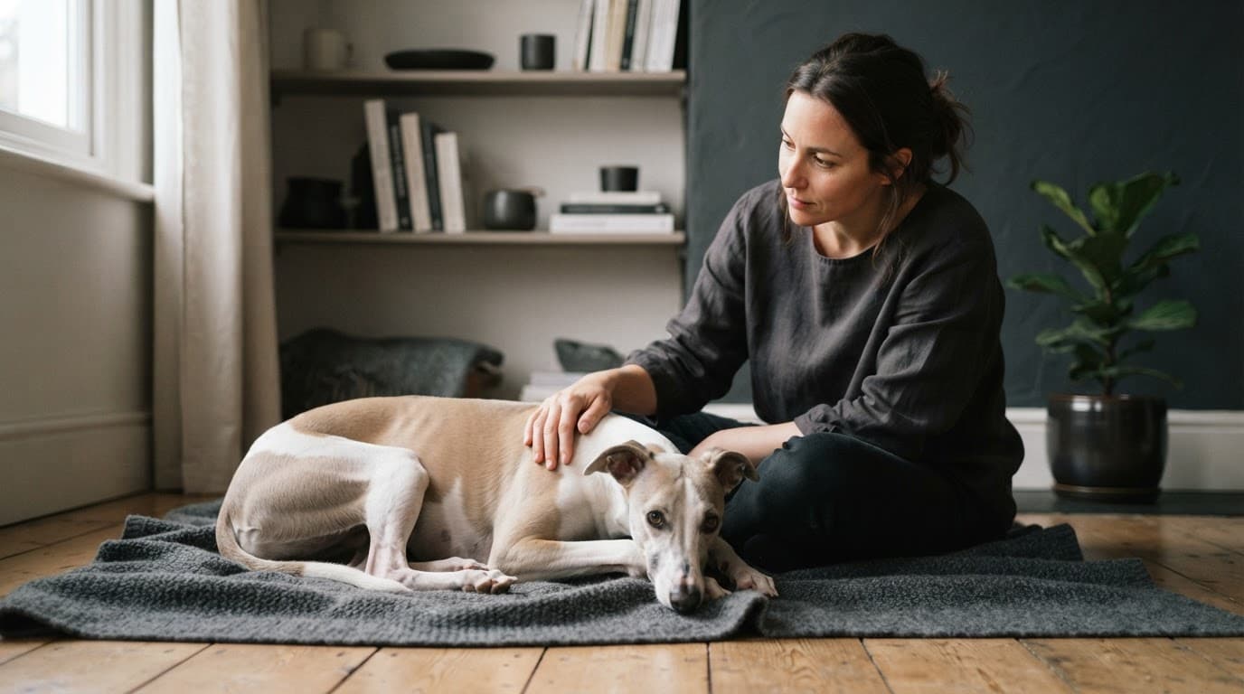A calm Whippet rests beside an owner watching for signs of illness.