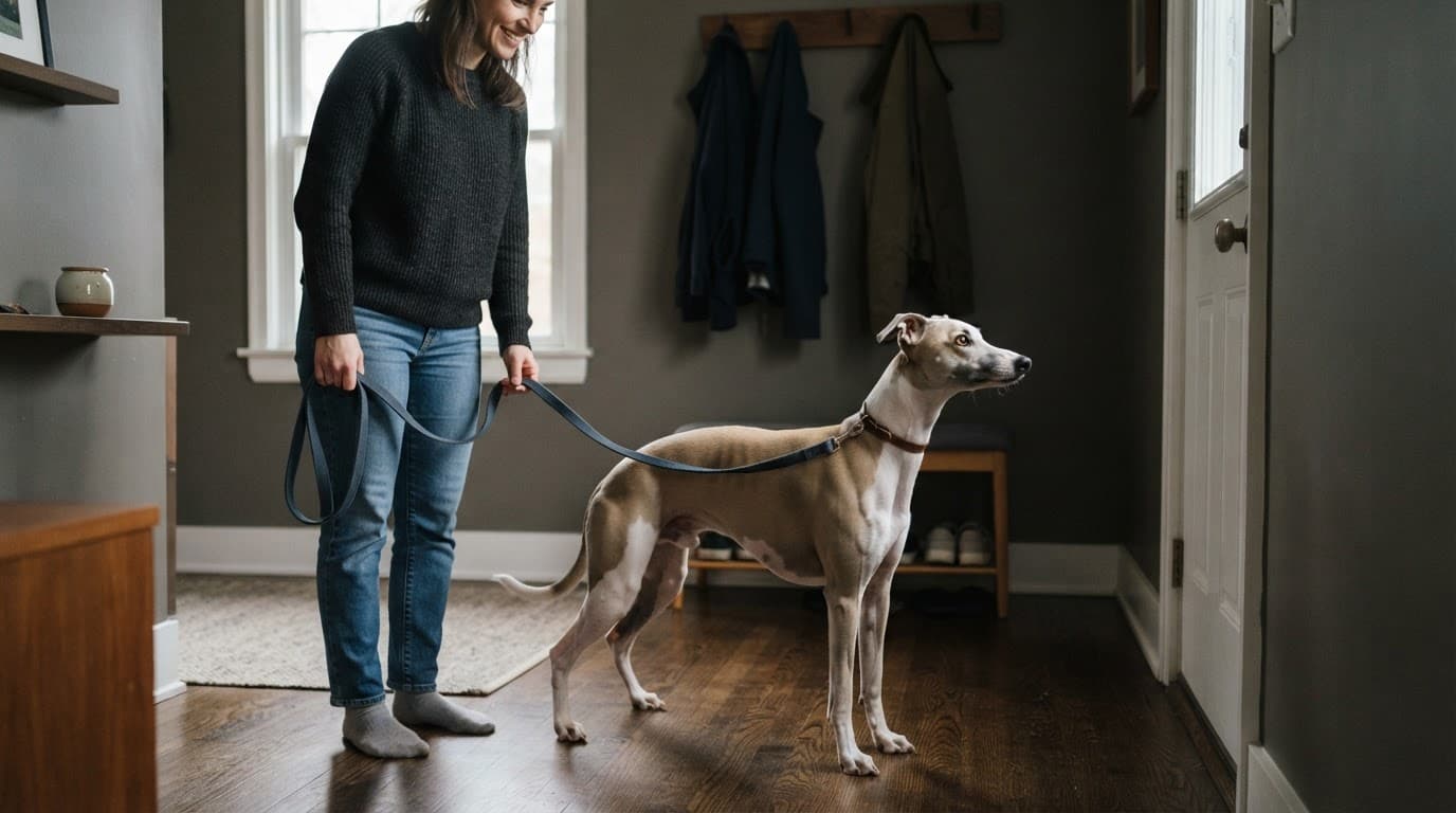A Whippet stands alert beside its owner near a leash in a bright entryway.