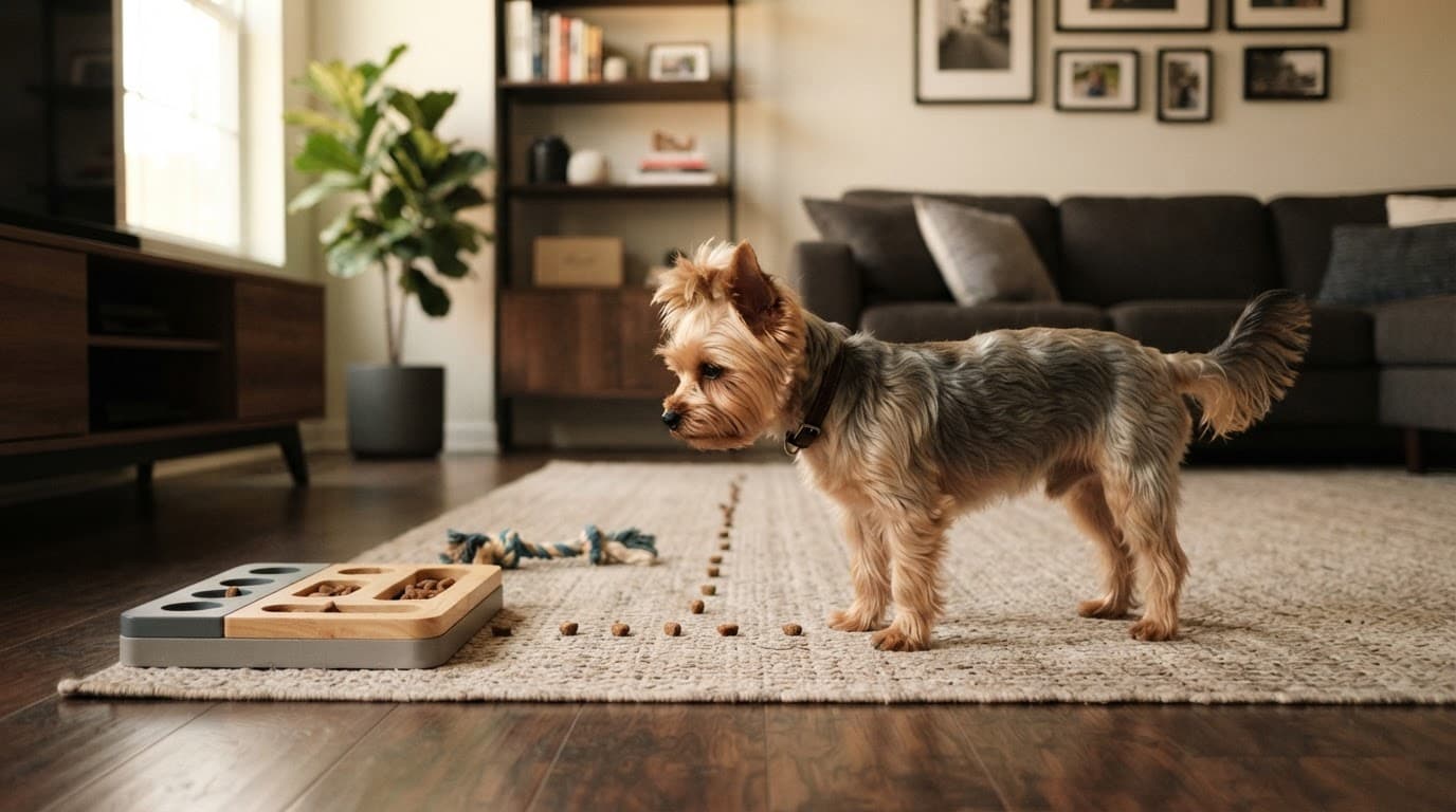 Yorkshire Terrier beside treats, a puzzle feeder, and a tug toy in a sunny living room.
