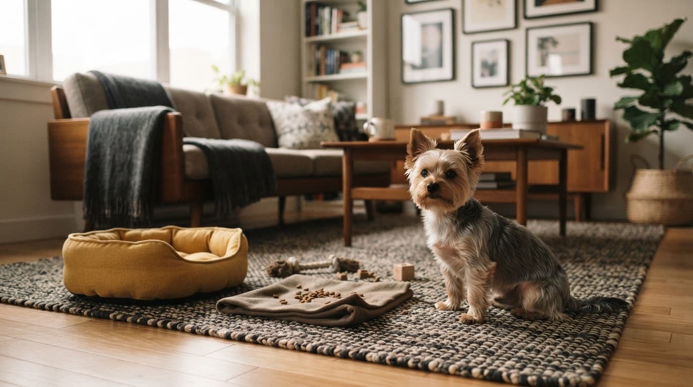 Yorkshire Terrier beside a small bed and scattered treats in a warm apartment living room.