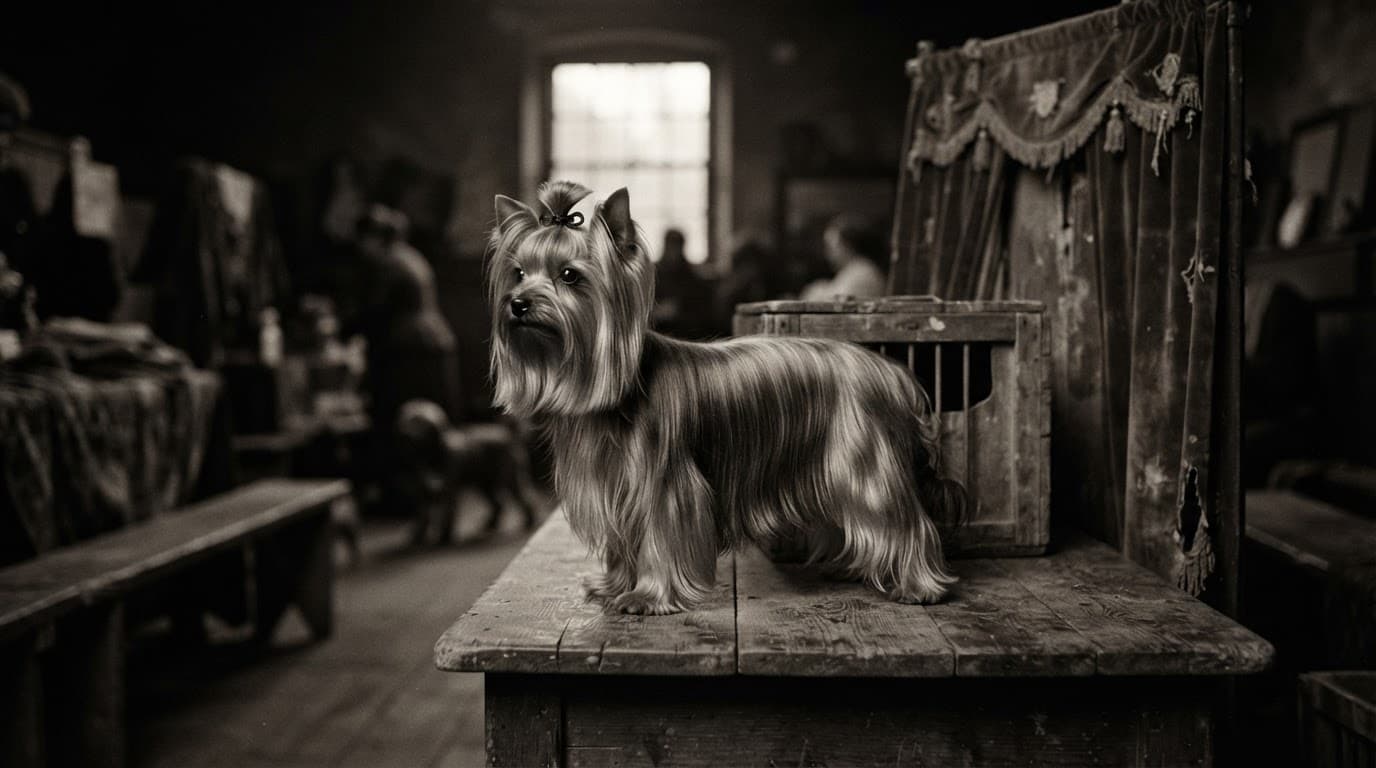 A Yorkshire Terrier with a silky coat stands on a wooden table in a vintage setting.