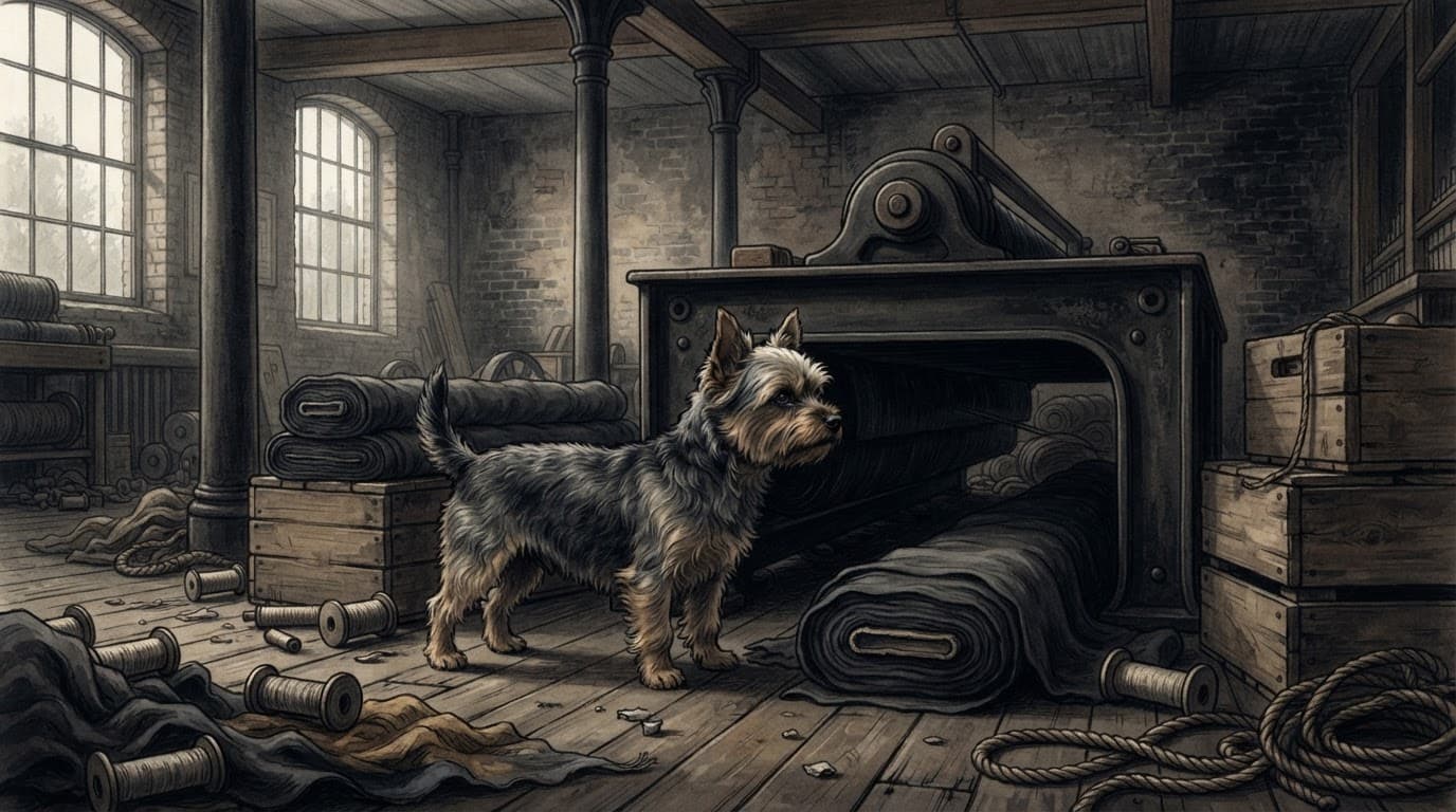 A Yorkshire Terrier stands beside cloth rolls and wooden crates in a dim textile mill.